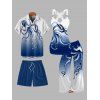 Vacation Couple Outfit Octopus Foot Print Tank Top Wide Leg Pants and Button Up Shirt Drawstrings Shorts Beach Matching Outfit - Bleu profond S | US 4