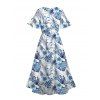 Vacation Couple Outfit Tropical Flower Leaf Print Slit Dress and Shirt Set - Bleu profond S | US 4