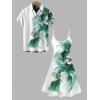 Vacation Couple Outfit Ombre Flower Print Spaghetti Strap Dress and Shirt Set - Émeraude S | US 4