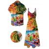 Vacation Couple Outfit Beach Landscape Coconut Print Pocket Long Dress and Shirt Set - multicolor S | US 4