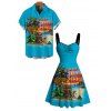 Vacation Couple Outfit Coconut Tree Leaf Beach Landscape Print Dress and Shirt Set - Pers S | US 4