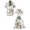 Vacation Couple Outfit Coconut Tree Floral Print Slit Dress and Shirt Set - Vert clair S | US 4