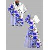Vacation Couple Outfit Colorblock Flower Leaf Print Slit Dress and Shirt Set - Bleu Ciel S | US 4