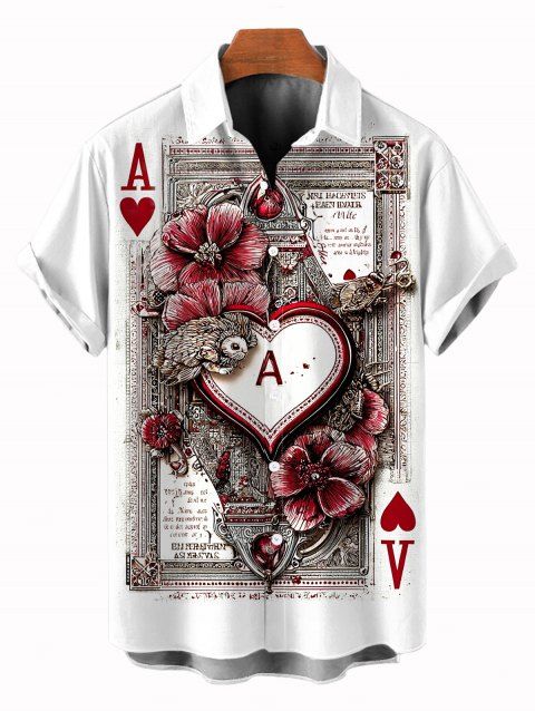Chemise vintage pour homme, motif cartes à jouer, cœur et fleurs, boutonnée