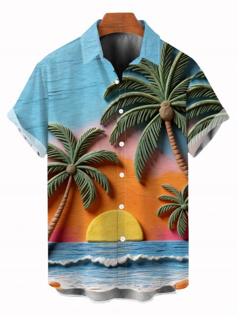 Chemise de vacances pour homme, imprimé coucher de soleil sur cocotier, chemise boutonnée