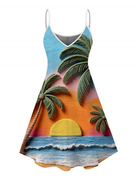 Robe de vacances imprimée coucher de soleil sur cocotiers
