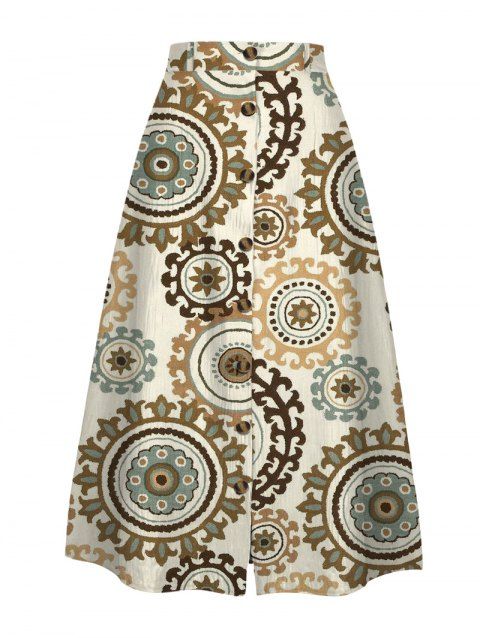 Jupe de vacances à imprimé ethnique boutonnée, jupe trapèze