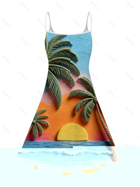 Robe de vacances imprimée coucher de soleil sur cocotiers, robe à fines bretelles - multicolor A XXXXXL | US 20