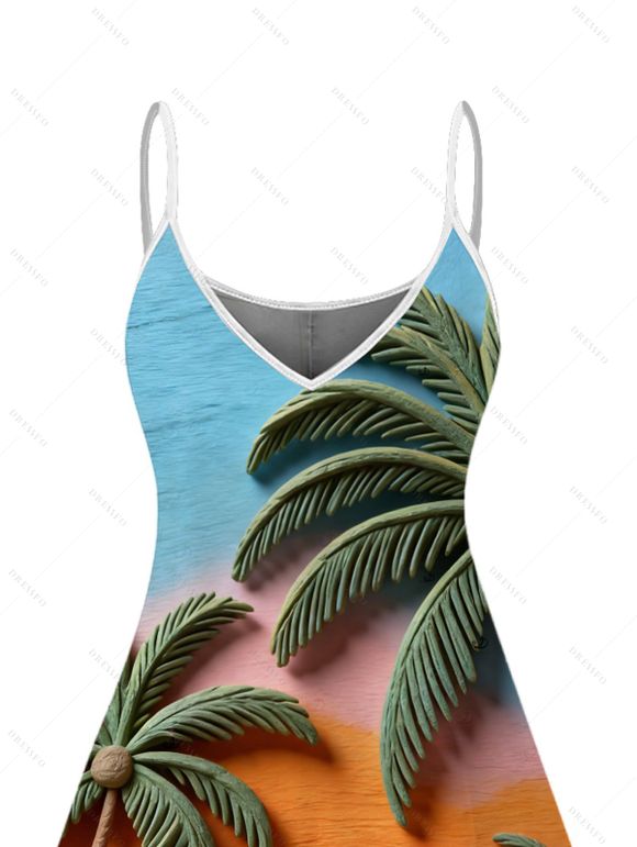 Robe de vacances imprimée coucher de soleil sur cocotiers, robe à fines bretelles - multicolor A XXXXXL | US 20