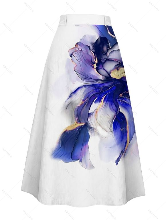 Jupe de vacances à fleurs, boutonnée, coupe trapèze, jupe midi - Bleu S | US 4