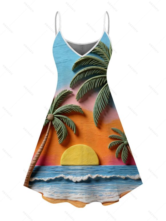 Vacation Couple Outfit Oil Painting Coconut Tree Sunset Print Dress and Shirt Set - multicolor A S | US 4