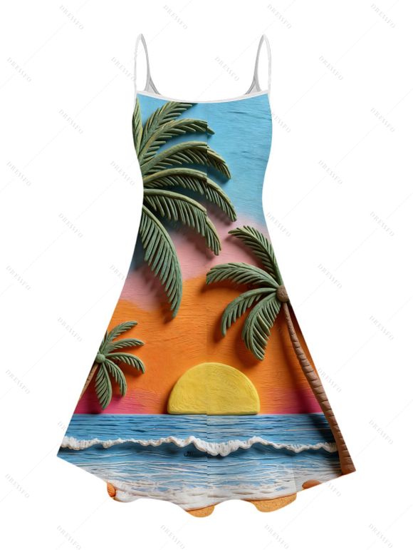 Vacation Couple Outfit Oil Painting Coconut Tree Sunset Print Dress and Shirt Set - multicolor A S | US 4