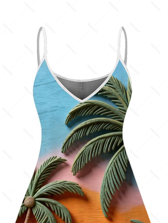 Vacation Couple Outfit Oil Painting Coconut Tree Sunset Print Dress and Shirt Set - multicolor A S | US 4