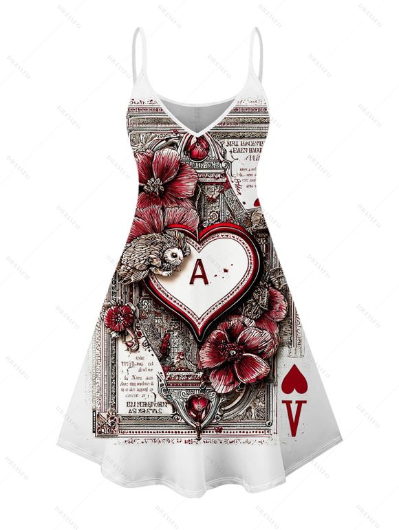 Vintage Couple Outfit Playing Cards Heart Floral Print Dress and Shirt Set - Blanc S | US 4