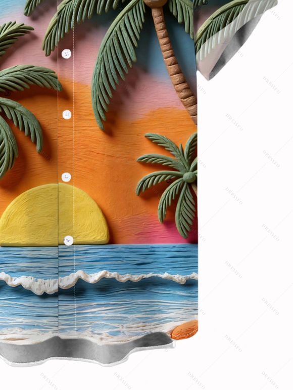 Vacation Couple Outfit Oil Painting Coconut Tree Sunset Print Dress and Shirt Set - multicolor A S | US 4