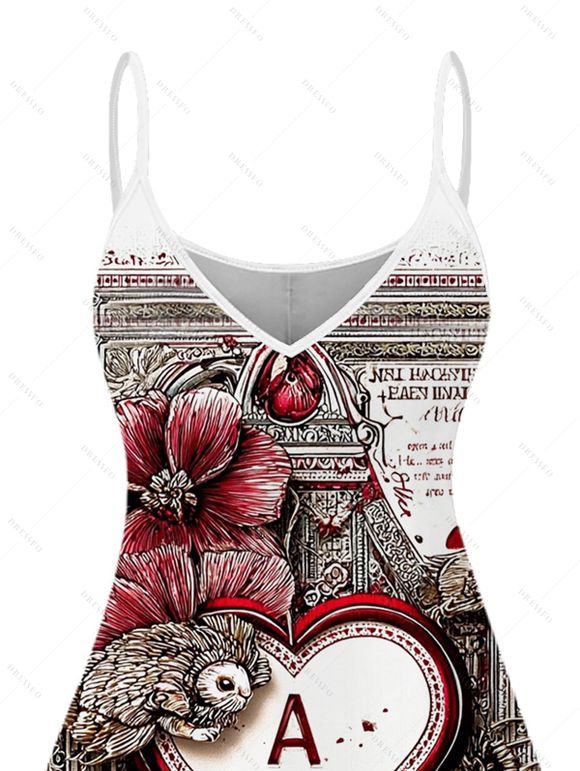 Vintage Couple Outfit Playing Cards Heart Floral Print Dress and Shirt Set - Blanc S | US 4