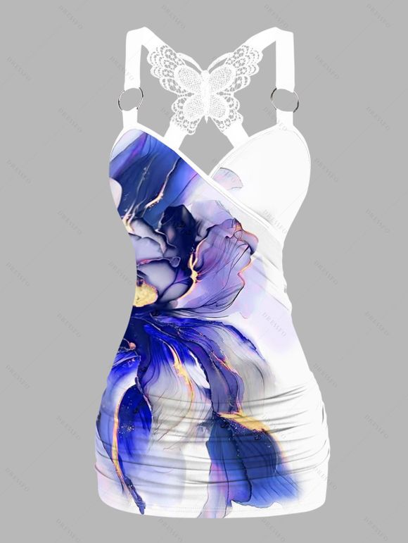 Vacation Outfit Flower Pattern Lace Butterfly Ruched Tank Top and Skirt Set - Bleu profond S | US 4