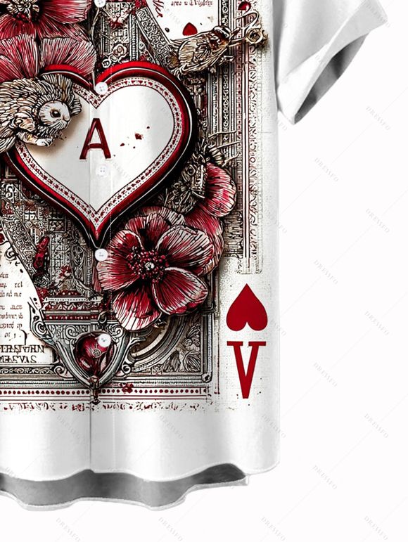 Vintage Couple Outfit Playing Cards Heart Floral Print Dress and Shirt Set - Blanc S | US 4