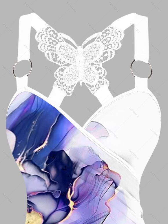 Vacation Outfit Flower Pattern Lace Butterfly Ruched Tank Top and Skirt Set - Bleu profond S | US 4