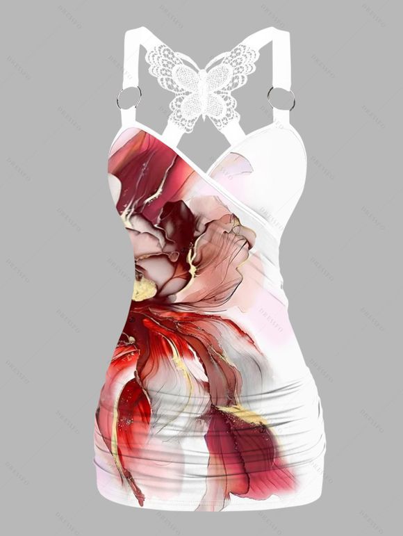 Vacation Outfit Flower Pattern Lace Butterfly Ruched Tank Top and Skirt Set - Rouge Vineux S | US 4