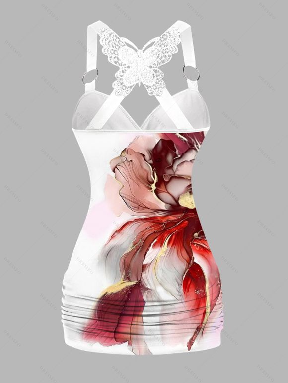 Vacation Outfit Flower Pattern Lace Butterfly Ruched Tank Top and Skirt Set - Rouge Vineux S | US 4