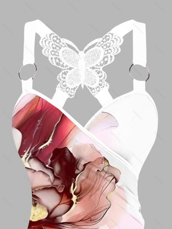 Vacation Outfit Flower Pattern Lace Butterfly Ruched Tank Top and Skirt Set - Rouge Vineux S | US 4