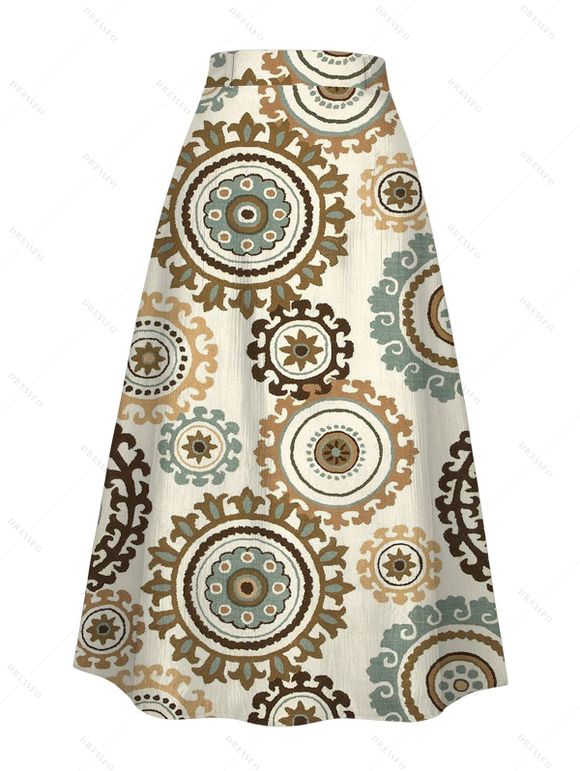 Jupe de vacances à imprimé ethnique boutonnée, jupe trapèze - Bronze XXL | US 14