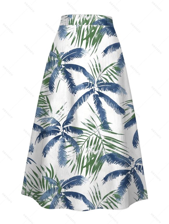 Jupe de vacances à imprimé feuilles tropicales de cocotiers, jupe trapèze boutonnée - Vert clair XXL | US 14
