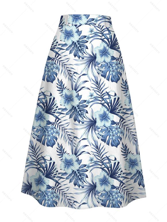 Jupe de vacances à imprimé floral tropical et boutons, coupe trapèze - Bleu XXL | US 14