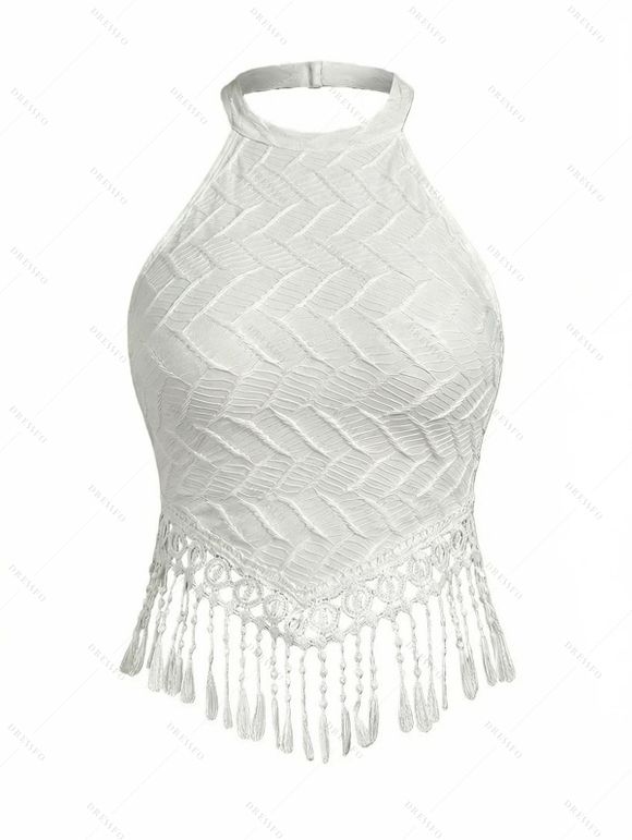 Vacation Outfit Tassel Cropped Tank Top and Coconut Tree Leaf Print Skirt Set - Vert S | US 4