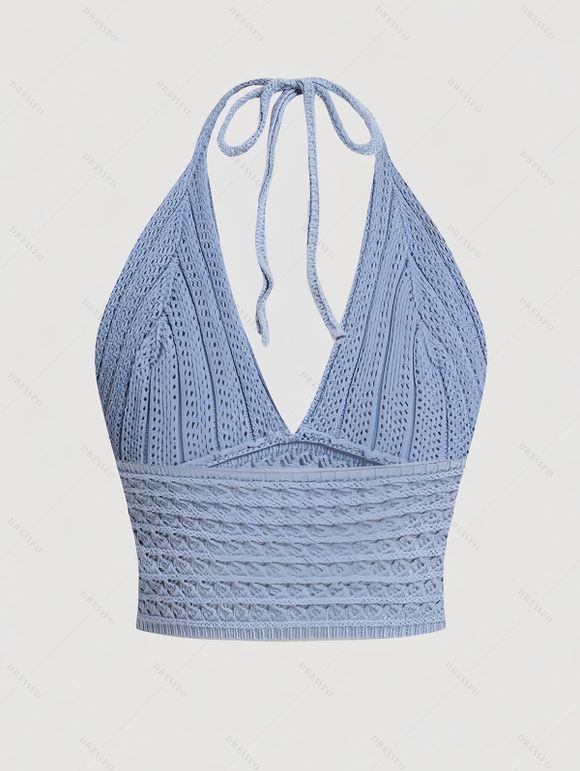 Débardeur court uni en crochet, dos nu - Bleu gris M | US 6