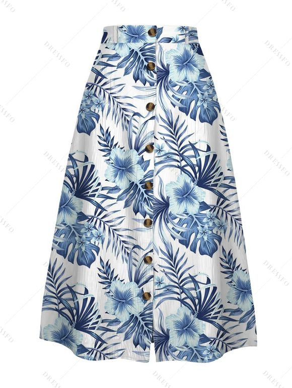 Vacation Outfit Ruffle Eyelet Bowknot Cropped Tank Top and Leaf Floral Print Skirt Set - Bleu S | US 4