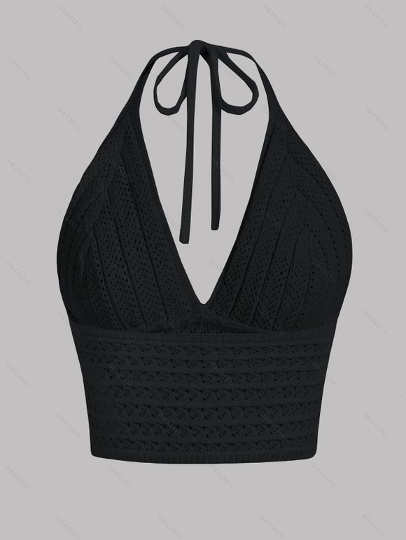 Vacation Outfit Crochet Cropped Halter Tank Top and Ethnic Print Skirt Set - Noir S | US 4