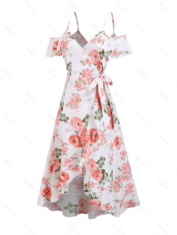 Robe portefeuille de vacances à imprimé floral et feuilles, à volants et nœud papillon, épaules dénudées - Blanc XXL | US 14