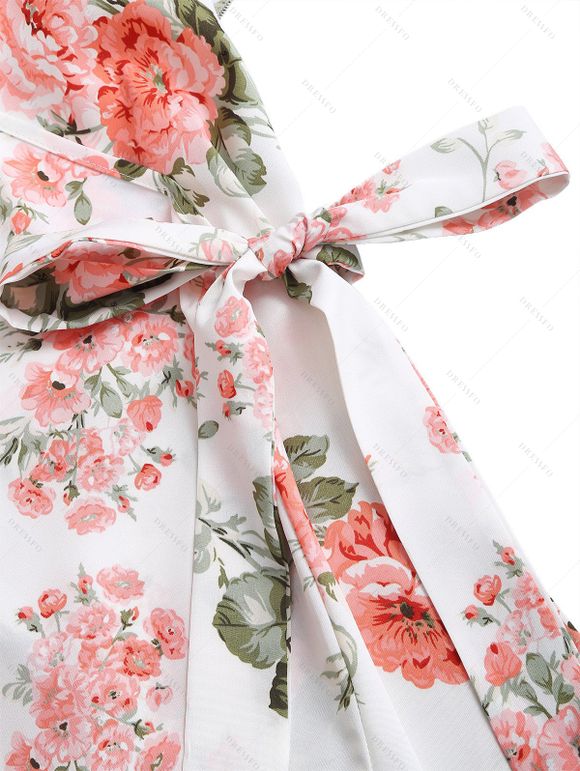 Robe portefeuille de vacances à imprimé floral et feuilles, à volants et nœud papillon, épaules dénudées - Blanc XXL | US 14