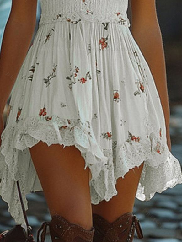 Robe vintage à imprimé floral discret et ourlet asymétrique - Blanc XXL | US 12