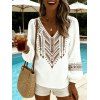 Chemise vintage à imprimé ethnique flèche, col en V et manches lanternes - Blanc XXXXL | US 18