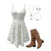 Vacation Outfit Ditsy Floral Print Irregular Dress and Snowflake Accessories Boots Set - Blanc S | US 4
