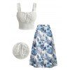 Vacation Outfit Ruffle Eyelet Bowknot Cropped Tank Top and Leaf Floral Print Skirt Set - Bleu S | US 4