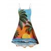 Vacation Couple Outfit Oil Painting Coconut Tree Sunset Print Dress and Shirt Set - multicolor A S | US 4