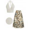 Vacation Outfit Crochet Cropped Halter Tank Top and Ethnic Print Skirt Set - Blanc S | US 4