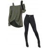 Casual Outfit Solid Color Textured Skew Neck Top and Grommet Leggings Set - Vert Armée S | US 4