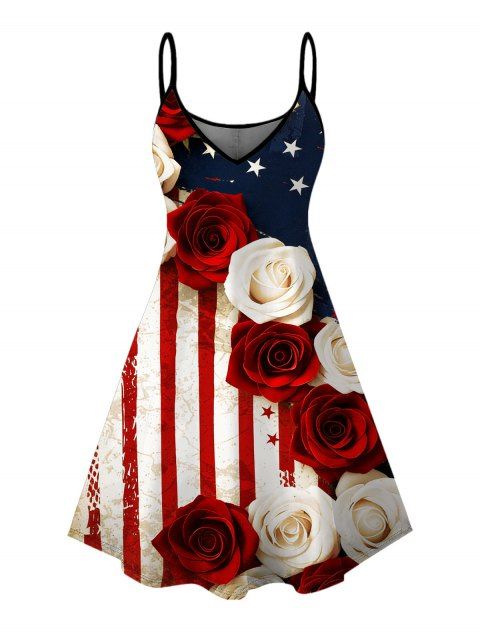 Robe patriotique à bretelles spaghetti, imprimé rose bicolore drapeau américain, motif drapeau américain.