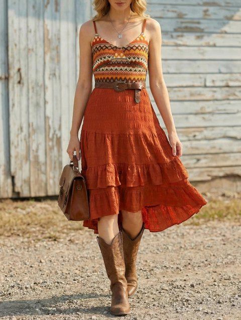 Robe bohème mi-longue à imprimé ethnique en zigzag et à volants
