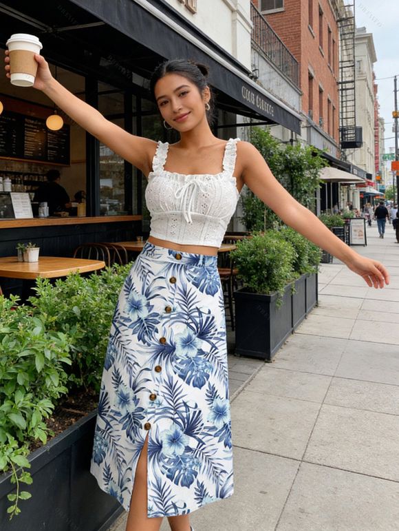 Vacation Outfit Ruffle Eyelet Bowknot Cropped Tank Top and Leaf Floral Print Skirt Set - Bleu S | US 4