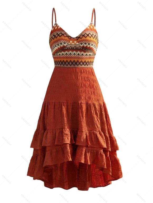 Robe bohème mi-longue à imprimé ethnique en zigzag et à volants - Orange XXL | US 14