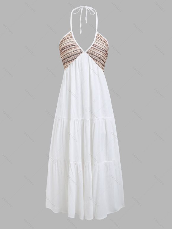 Bohemian Outfit Ethnic Print Empire Waist Halter Dress and Accessories Boots Set - Blanc S | US 4