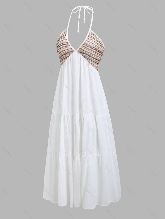 Bohemian Outfit Ethnic Print Empire Waist Halter Dress and Accessories Boots Set - Blanc S | US 4