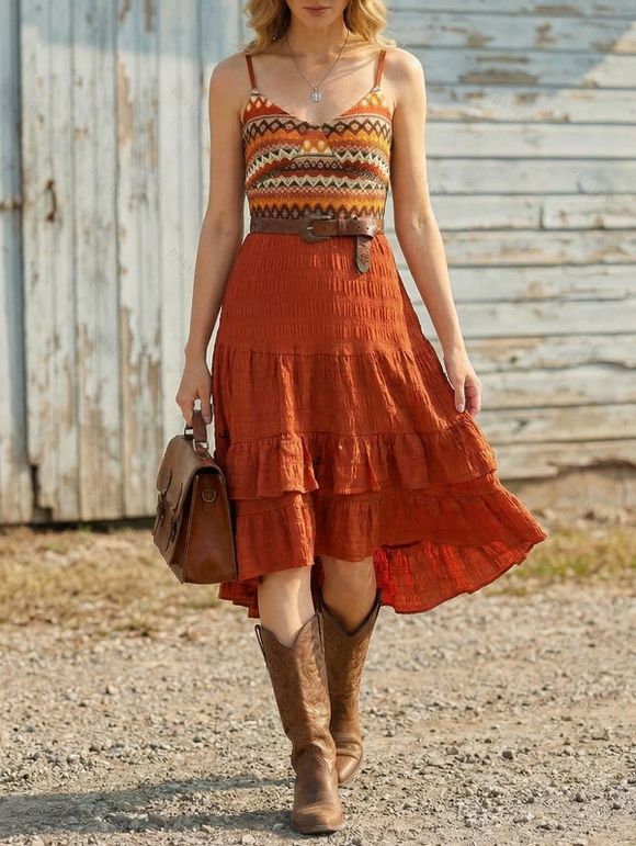 Bohemian Couple Outfit Zig Zag Ethnic Print Layered Dress and Shirt Set - Orange S | US 4