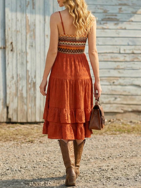 Bohemian Couple Outfit Zig Zag Ethnic Print Layered Dress and Shirt Set - Orange S | US 4